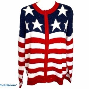 Tiara International Patriotic Zip Cardigan Sweater Women's Large L American Flag